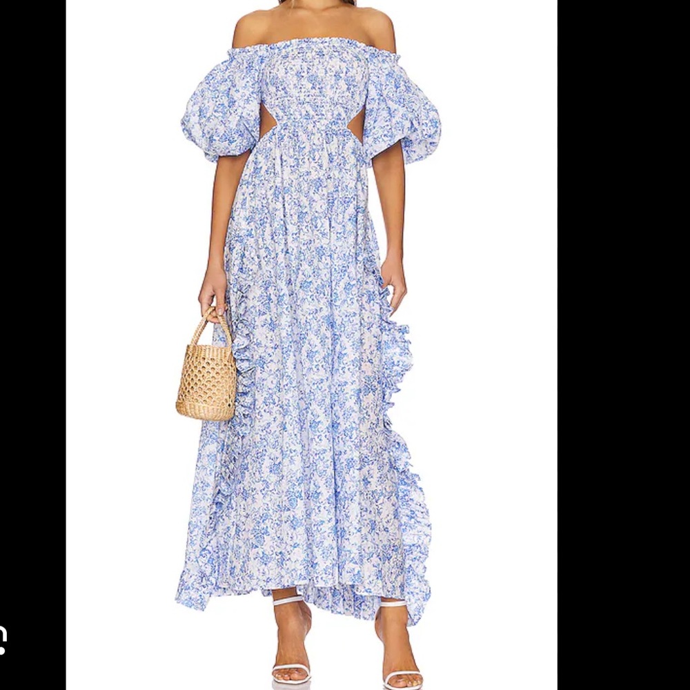 REVOLVE Blue and White Off-Shoulder Floral Maxi Dress